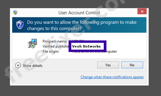 Screenshot where Veoh Networks appears as the verified publisher in the UAC dialog